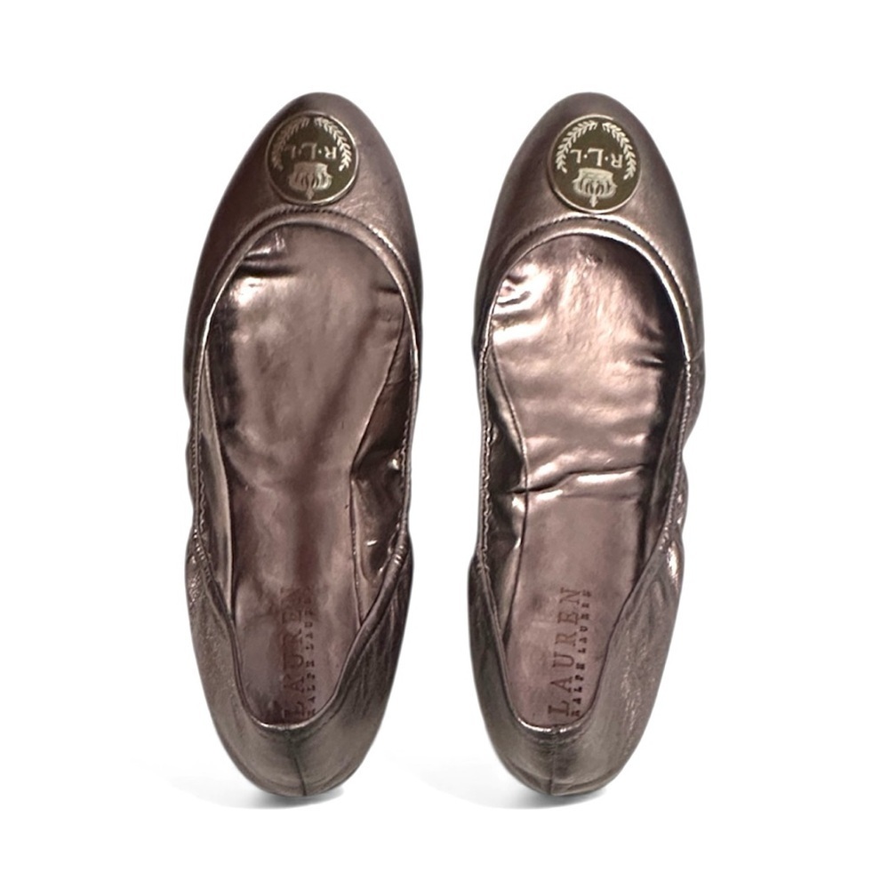 Lauren Ralph Lauren Shiny Pewter Metallic Ballet Flats with RL Logo Size 7.5 - Picture 1 of 14